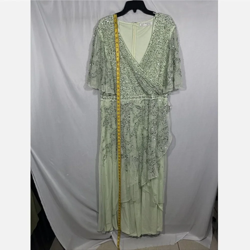 NWT $498 Mac Duggal [‎ 18 ] Sequined Butterfly Sleeve High Low Gown Sage Greeen